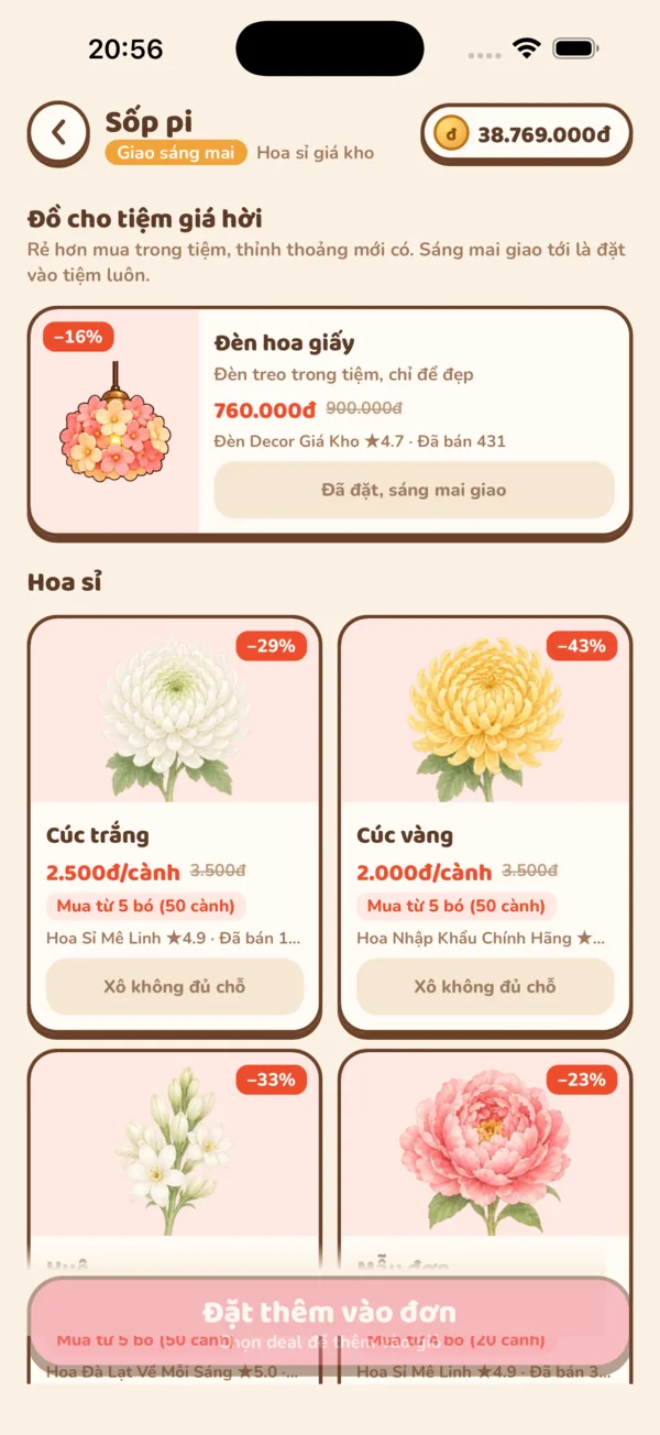 Chợ hoa online trong game với hoa sỉ và đèn trang trí đang giảm giá